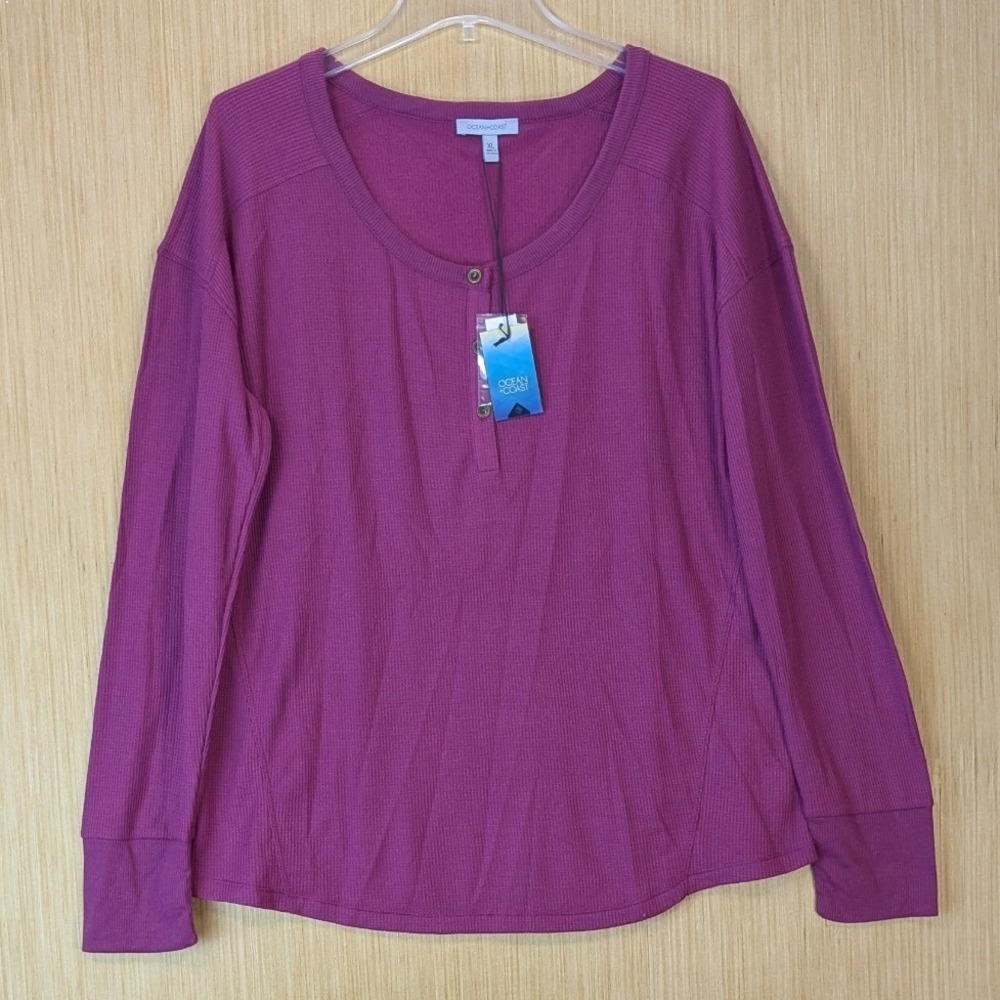 Ocean‎ + Coast Womens XL Magenta Purple Waffle Knit Henley Long Sleeve Top NEW